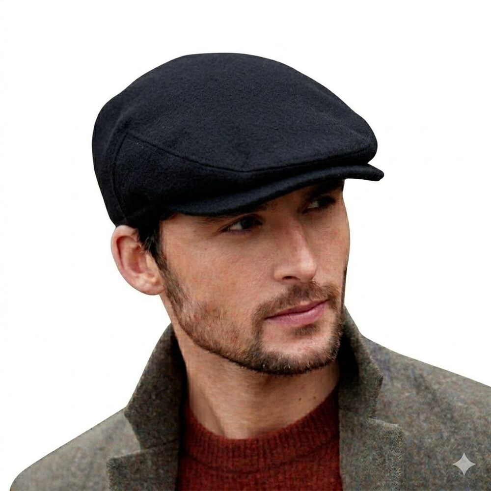 , Men's Newsboy Flat Cap, 100% Irish Wool Hat, Made in Ireland Black
